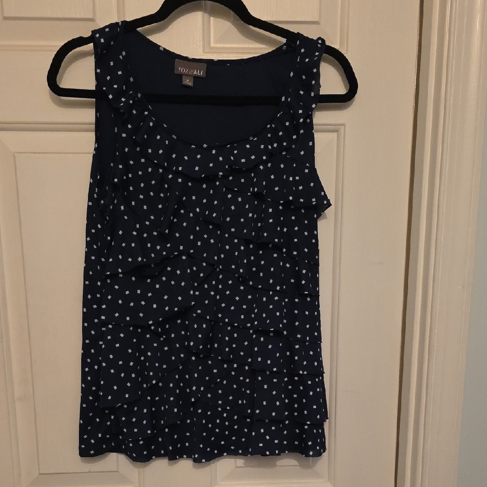 Roz & ALI Navy Sleeveless Mutli Tiered Ruffles Dot Blouse